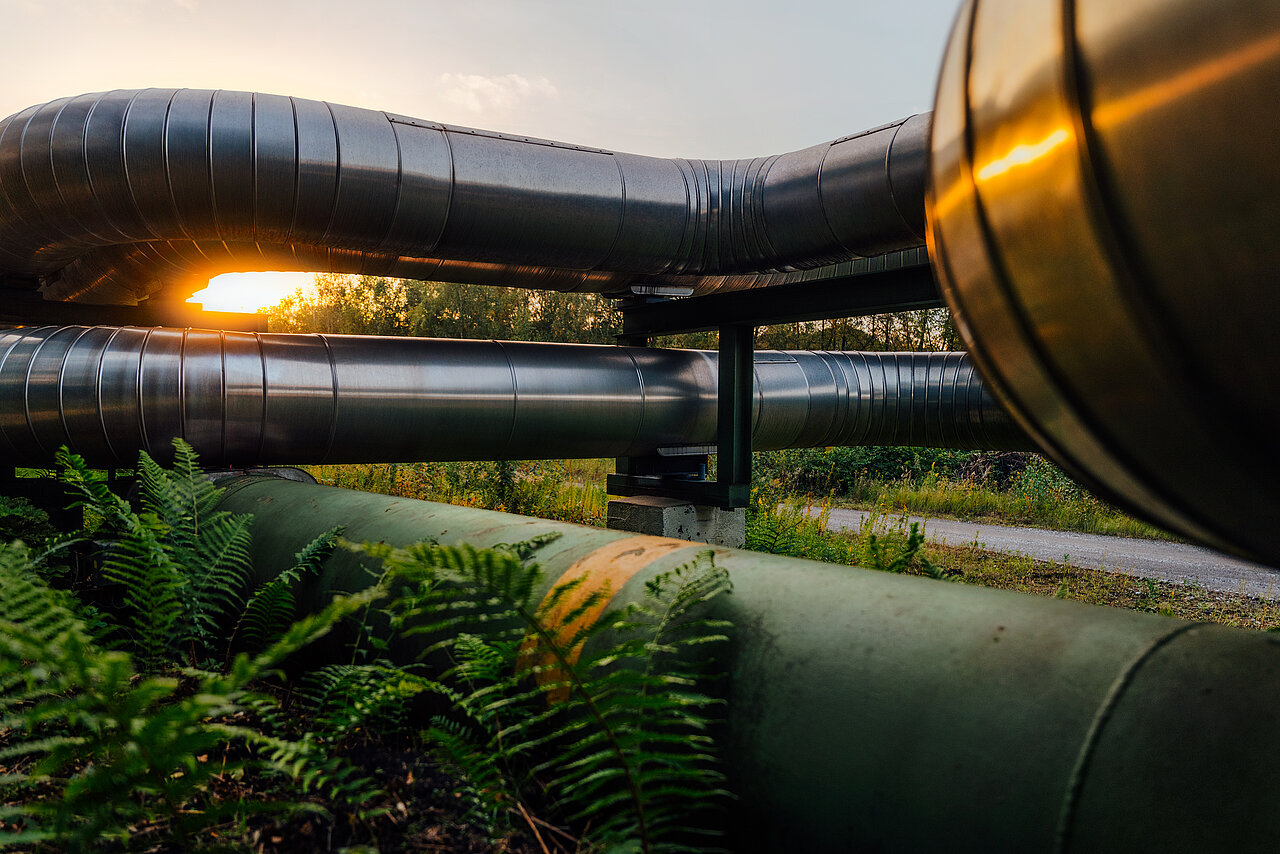 Dicke Rohrleitungen einer Pipeline durchziehen eine grüne Landschaft. Zwischen den Rohren geht die Sonne unter und taucht die Szene in warmes Licht.
